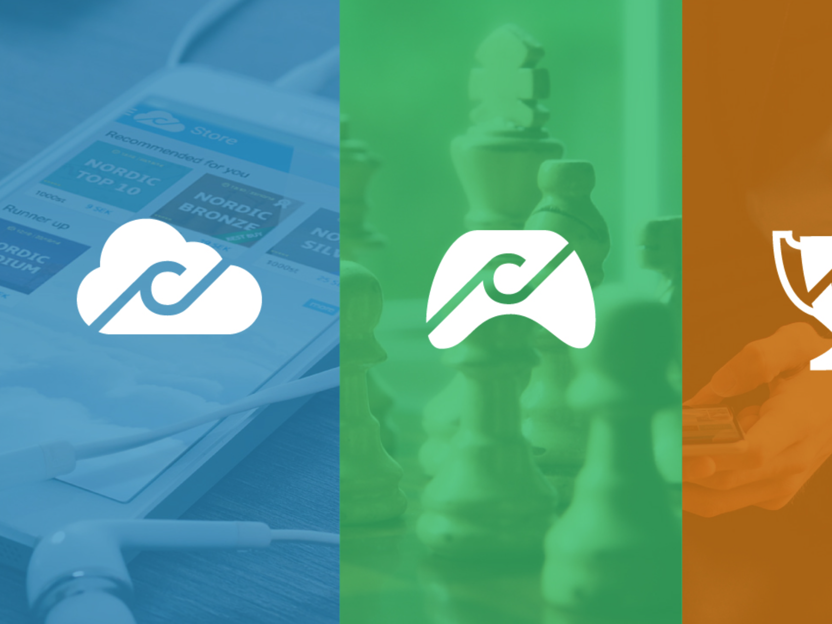 Image of a showcase for client Cumula by a Mavik Mind Designer showing a logotypes for different products. One looks like a cloud with a letter "c" in the middle with blue background over mobile phone photograph and the next logo shows a control pad with a letter "c" in the middle and green backgound with a chess photograph.